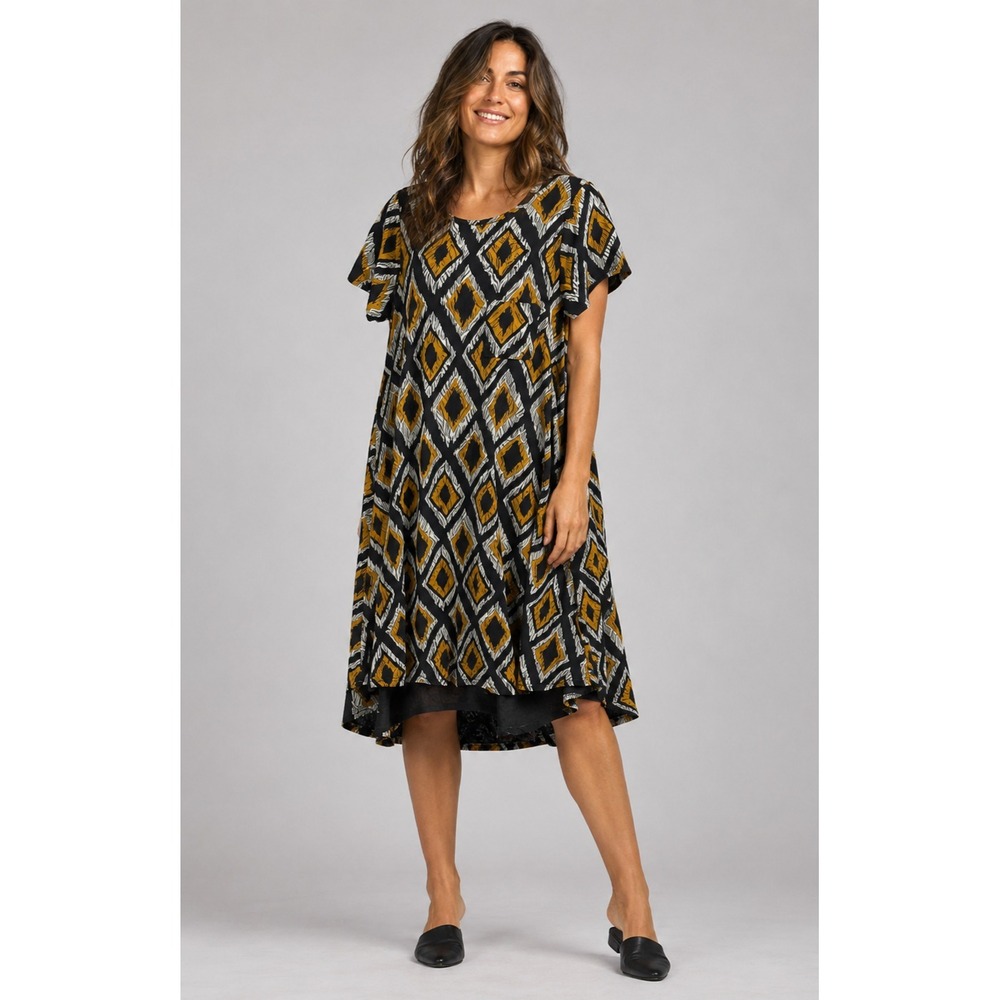 LulaRoe Dress Womens Medium Black Gold Diamond Polyester High Low